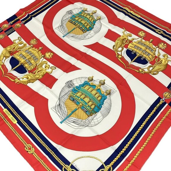 Auth HERMES Carre 90 - Red White Multi Scarf - Picture 1 of 3
